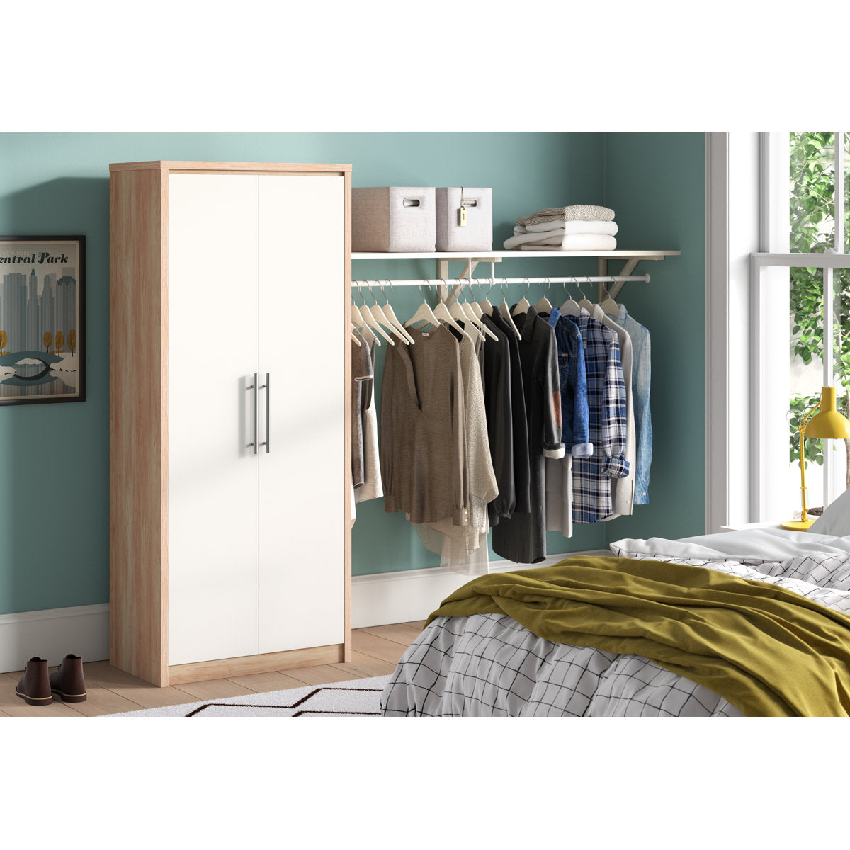 Samaira Gloss 2-Door Wardrobe with Effect Frame – Slim Modern Design, Hanging Rail & Shelf Storage – White – product image 11