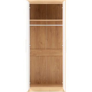 CHOICEWARDROBE Samaira White Gloss 2 Door Wardrobe with Oak Effect Frame – Slim Modern Design, Hanging Rail & Shelf Storage