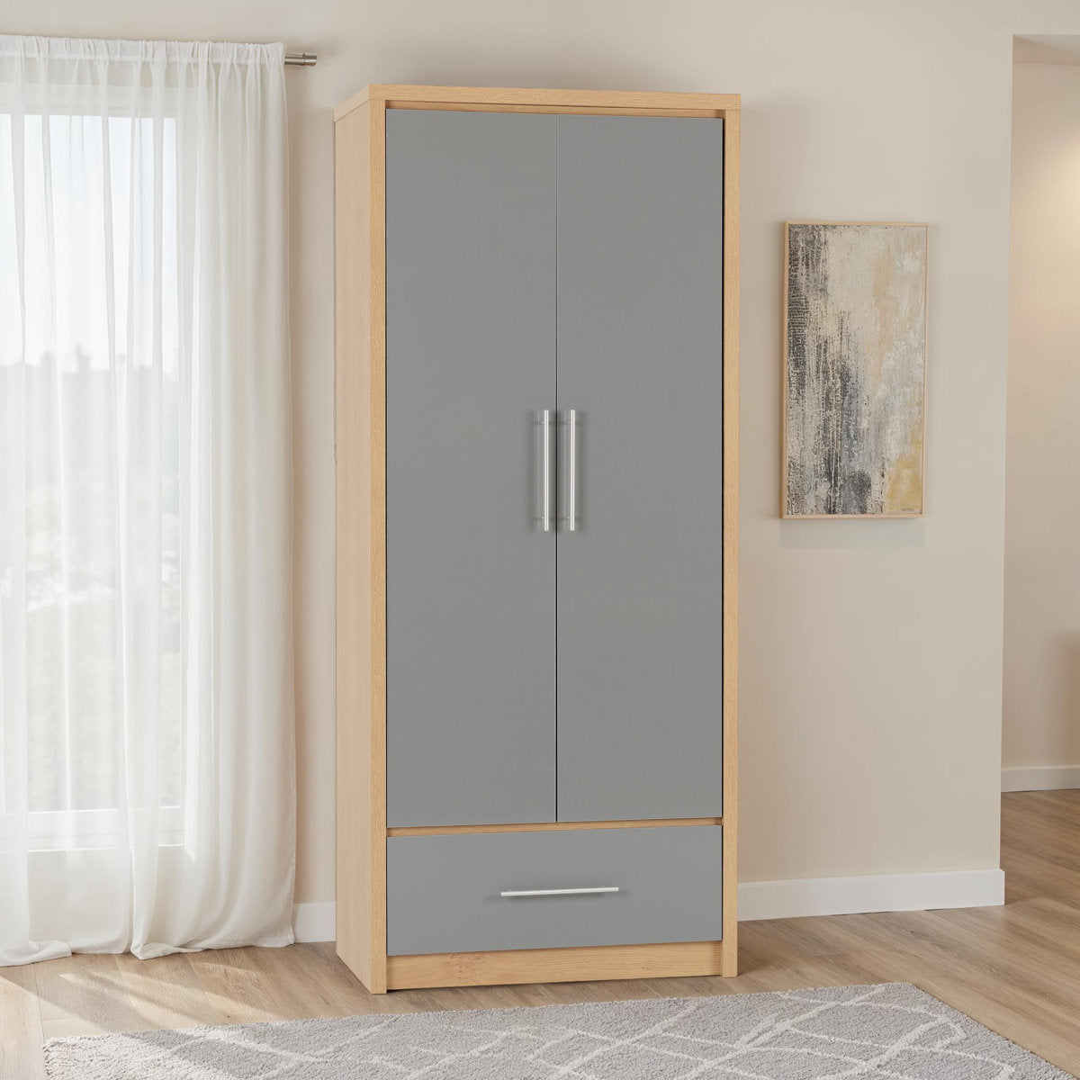 Samaira 2 Door 1 Drawer Wardrobe in 76 cm, Grey Gloss Front with Oak Effect Frame, Compact Bedroom Storage