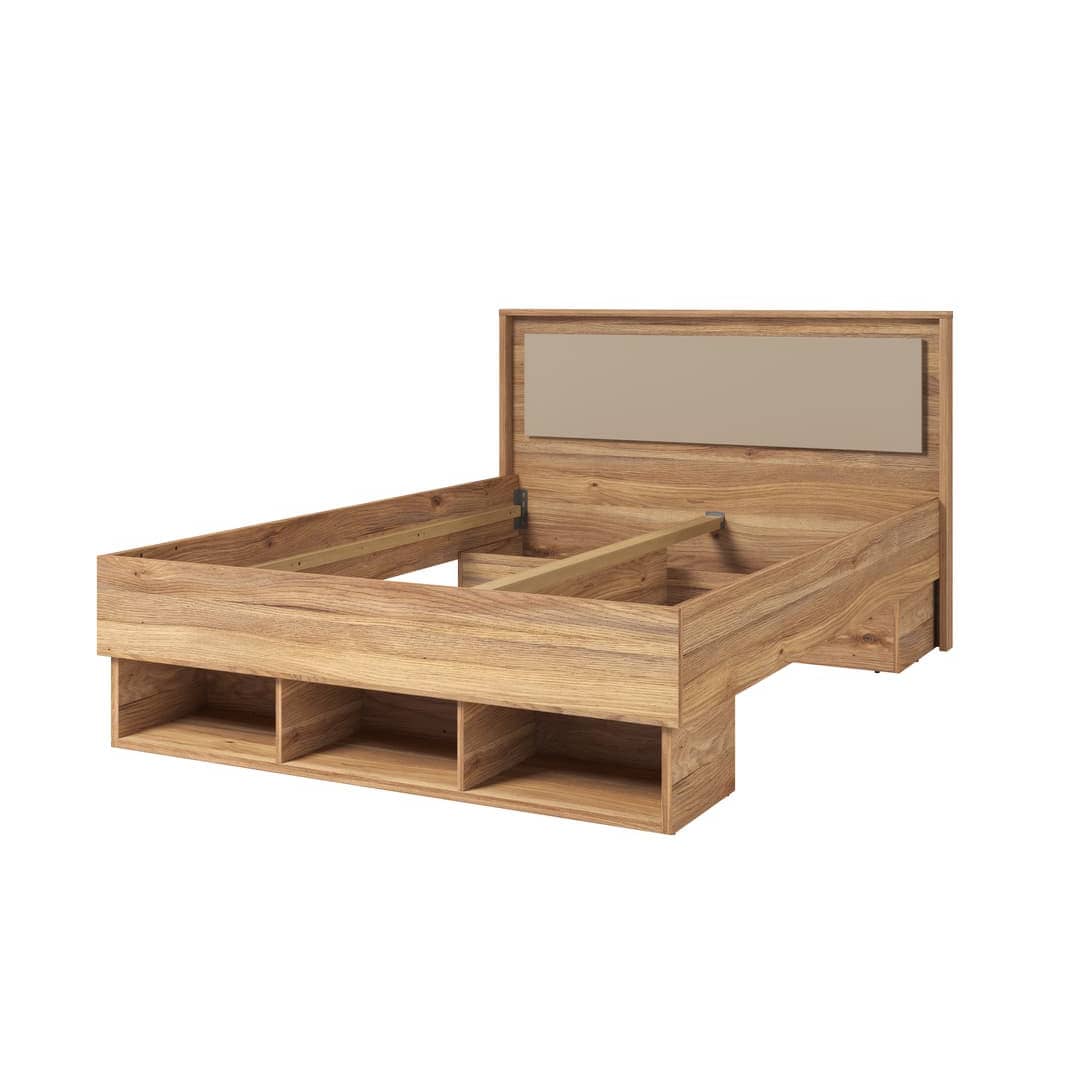 IMPRESSIO 31 EU King divan bed frame in Oak Mauvella & Congo with integrated storage.