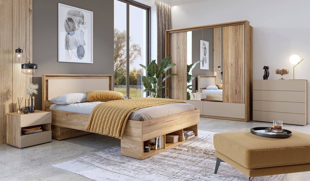 Impressio 31 EU King divan bed with oak effect finish and storage.
