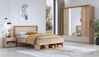 Impressio 83 Oak Mauvella bedroom set with bed, bedside table, and mirrored wardrobe
