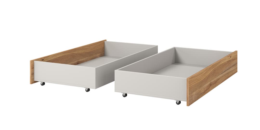 Two Oak Mauvella and white under-bed storage drawers with wheels