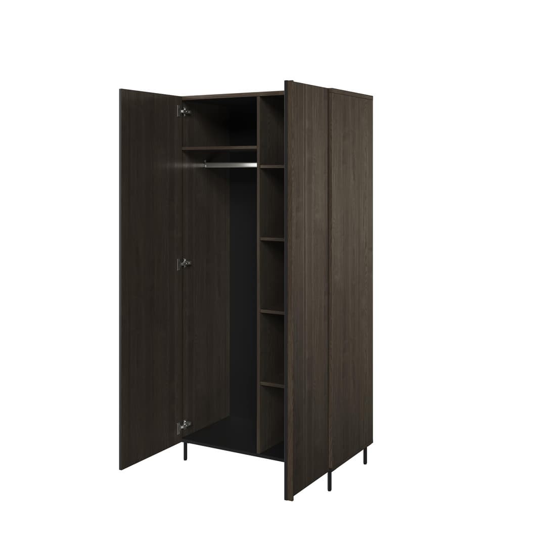 PIEMONTE PE-01 Portland Ash hinged wardrobe with open doors showing shelves and hanging rail.