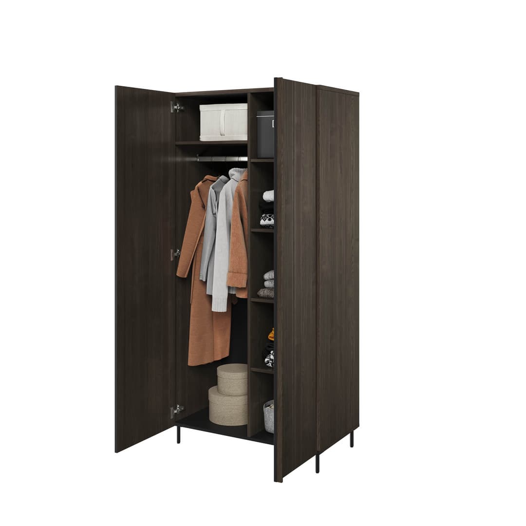 PIEMONTE PE-01 dark wood hinged door wardrobe open showing shelves and hanging rail