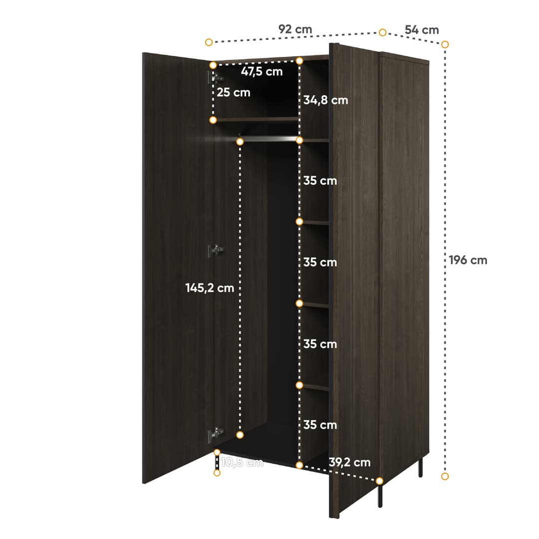 PIEMONTE PE-01 92cm Portland Ash and Black hinged wardrobe with two doors and internal shelving.
