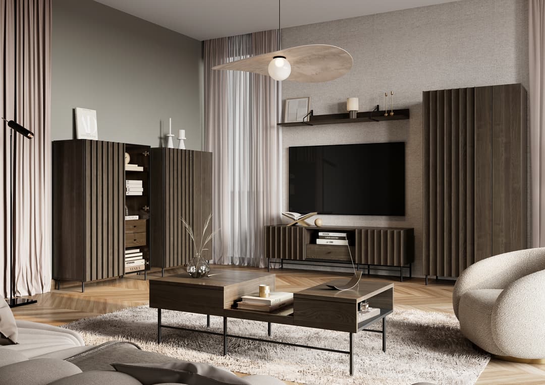 Modern living room with Portland Ash wardrobe, media unit, and coffee table.