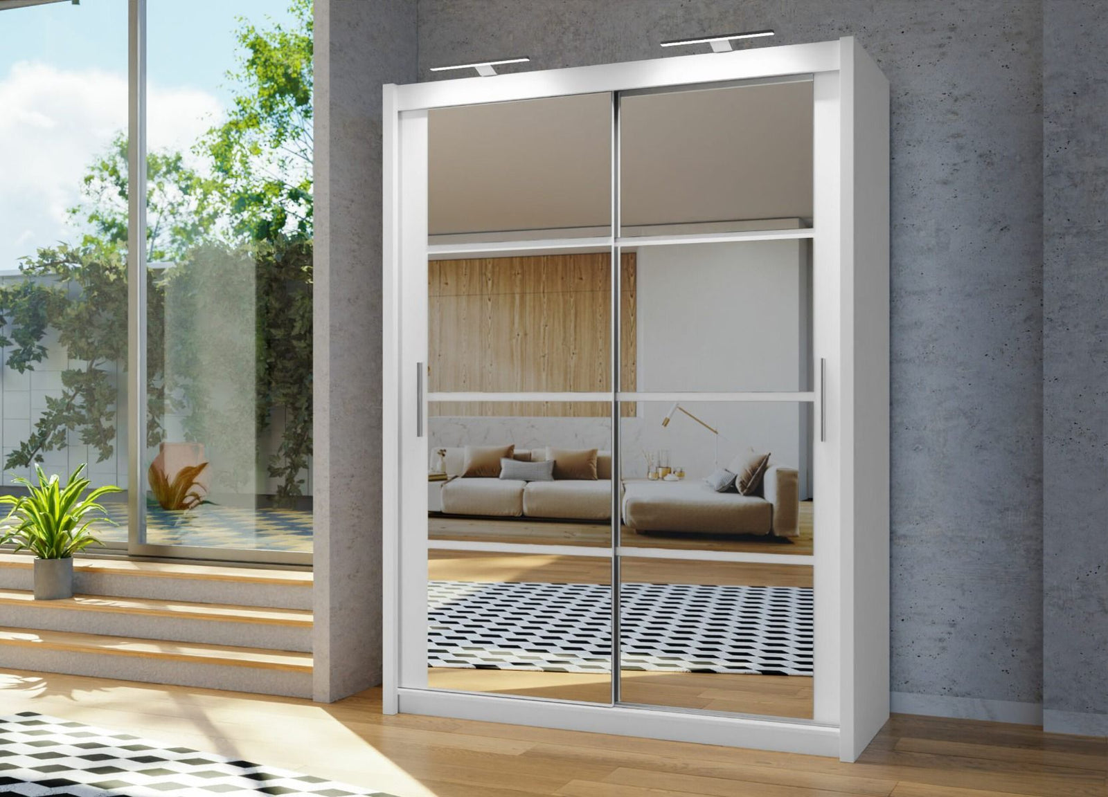 Dexter 160cm white mirrored sliding wardrobe with LED lights in a modern bedroom