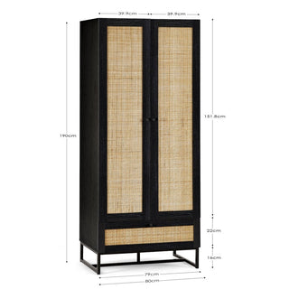 CHOICEWARDROBE Padstow Black Rattan Wardrobe – 2 Door + 1 Drawer | Boho Modern Bedroom Storage 80cm