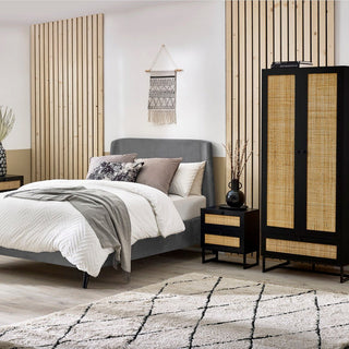 CHOICEWARDROBE Padstow Black Rattan Wardrobe – 2 Door + 1 Drawer | Boho Modern Bedroom Storage 80cm