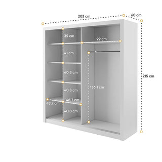 CHOICEWARDROBE Capri White Sliding 2 Door Wardrobe – 203cm | Matt Finish with Mirror & Storage Shelves