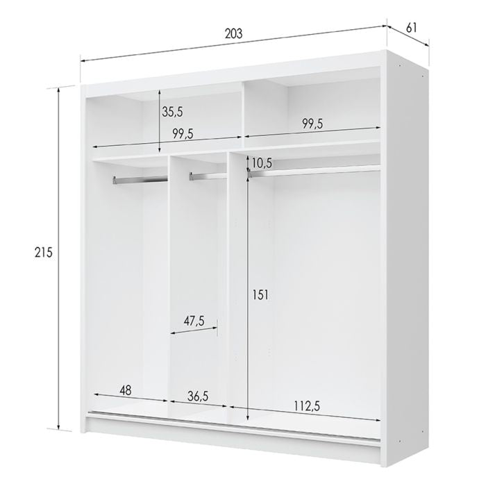 Dexter 203cm 2-Door Mirrored Sliding Wardrobe – White – product image 8