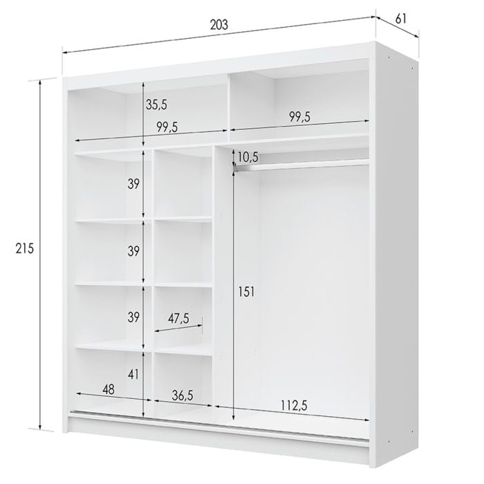 Dexter 203cm 2-Door Mirrored Sliding Wardrobe – White – product image 10