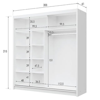 Sliding Wardrobe - DEXTER 2 Door Mirrored Wardrobe White 203cm