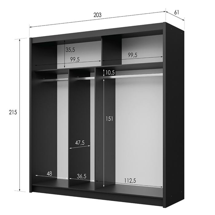 Dexter 203cm 2-Door Mirrored Sliding Wardrobe – Black – product image 12