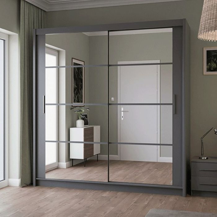Grey 203cm sliding wardrobe with 2 mirrored doors
