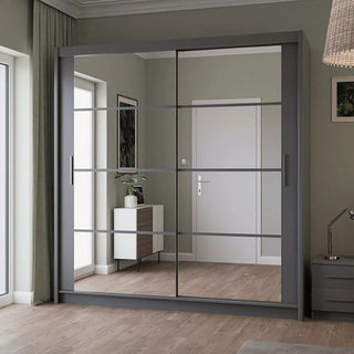 Grey 203cm sliding wardrobe with 2 mirrored doors