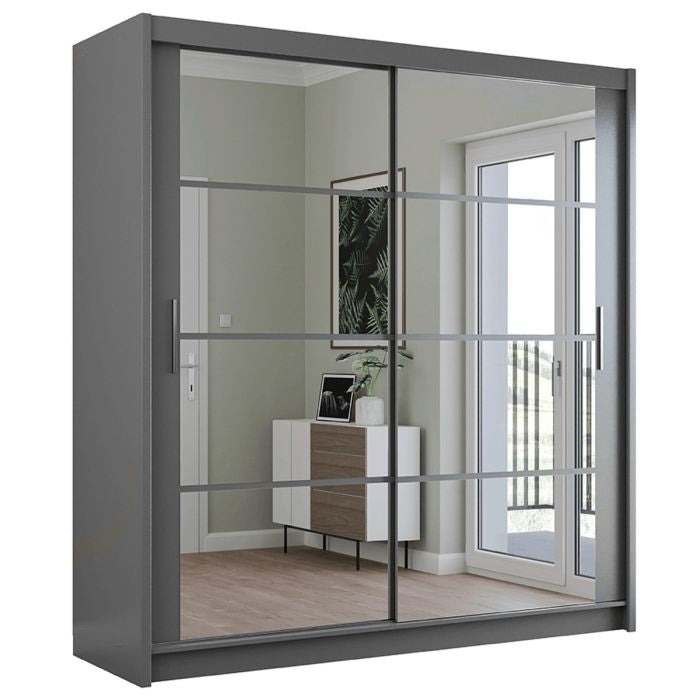 Grey 2-door sliding wardrobe with mirrored panels