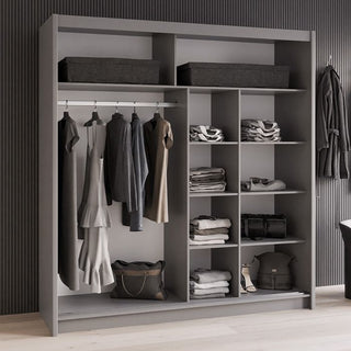 Grey DEXTER 2-door sliding wardrobe with mirrored panels, showing hanging space and shelves
