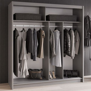 Grey Dexter 2 door sliding wardrobe with mirrored panels, showing hanging clothes and accessories inside.