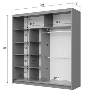 Grey sliding door wardrobe with mirrored panels, 203cm width, 215cm height, 61cm depth.