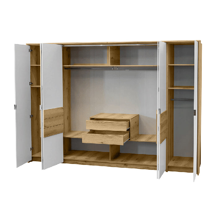 CAVELLO 4 door wardrobe in white and oak with visible hanging rails and shelves