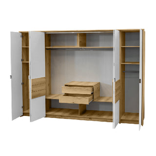 CAVELLO 4 door wardrobe in white and oak with visible hanging rails and shelves