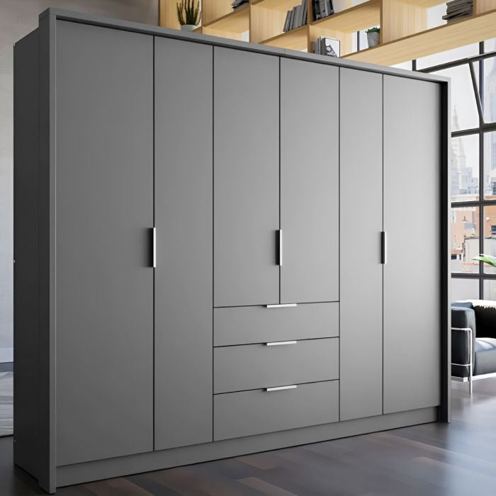 STAFFORD 6-door graphite wardrobe with drawers