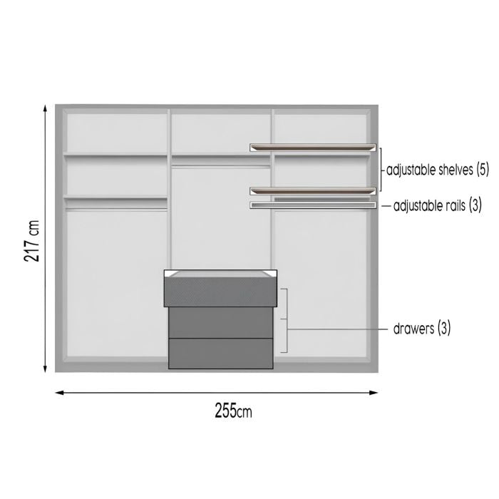 255cm graphite wardrobe showing internal layout with adjustable shelves, rails, and drawers