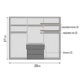 Stafford 255cm wardrobe internal diagram: 217cm high, 255cm wide with shelves, rails, and drawers.