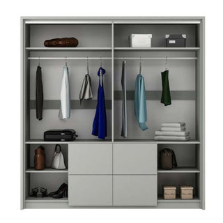 Grey two-door wardrobe with mirrored door, showing internal shelves, hanging rails, and external drawers.