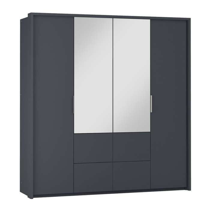 Grey 2-door wardrobe with two mirrored doors and four external drawers, 208cm width