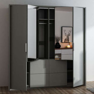 Grey wardrobe with 2 bi-folding doors, one partially mirrored, and 4 drawers below