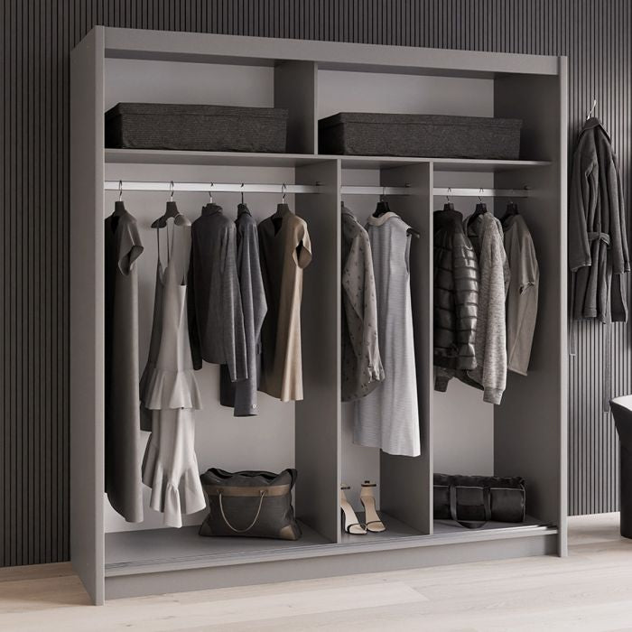 Graphite grey 2-door sliding wardrobe with clothes and accessories inside