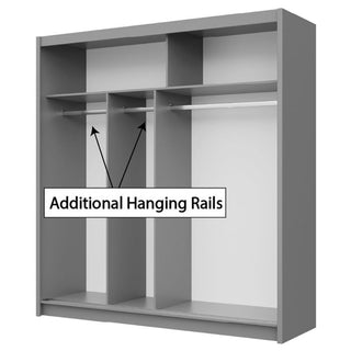 Interior view of graphite grey Trafford sliding wardrobe with shelves and existing hanging rails, highlighting optional additional hanging rails.