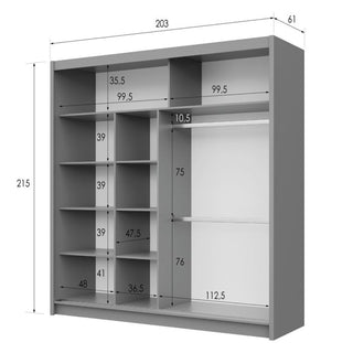 Graphite grey sliding wardrobe with 2 doors, technical diagram showing dimensions.