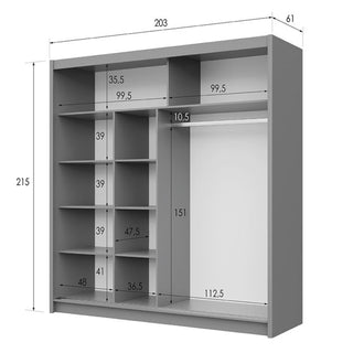 Graphite sliding wardrobe with dimensions indicated: 203cm width, 215cm height, 61cm depth.