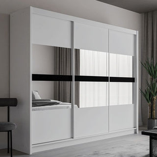 White 3-door sliding wardrobe with mirrored front panels and a black horizontal stripe detail.