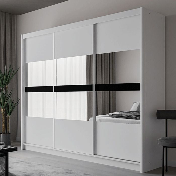White 3 door sliding wardrobe with mirrored panels and a black horizontal accent strip