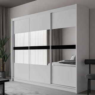White 3 door sliding wardrobe with mirrored panels and a black horizontal accent strip