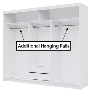 White 3-door sliding wardrobe interior with shelves, hanging rails, and drawers, showing additional hanging rail space.