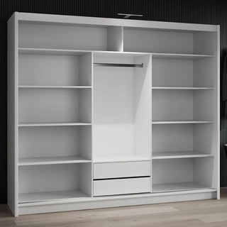 White 3-door sliding wardrobe interior with shelves and two drawers