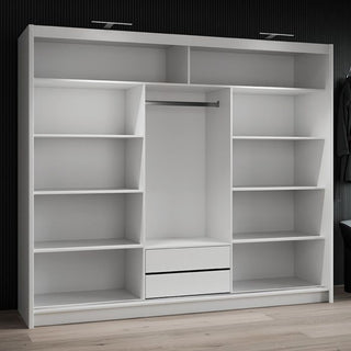 TRAFFORD white 250cm sliding wardrobe, open view showing shelves and hanging rail.