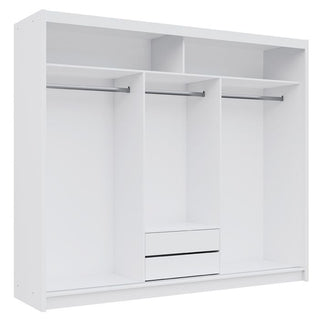 White 3 door sliding wardrobe interior with hanging rails and drawers