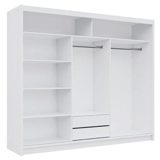 White 3-door sliding wardrobe with internal shelves, hanging rails, and drawers visible.