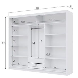 Sliding wardrobe dimensions: 250cm W x 215cm H x 61cm D. Internal layout shows shelves and drawers.
