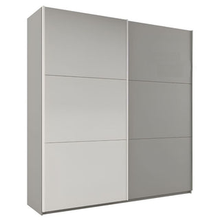 Grey two-door sliding wardrobe with horizontal panel divisions