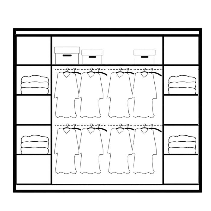Line drawing of a wardrobe interior showing hanging rails with clothes and shelves with folded items and storage boxes