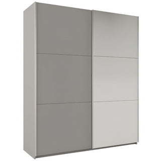 2 door sliding wardrobe, one full mirrored door, one platinum grey door, horizontal panel design