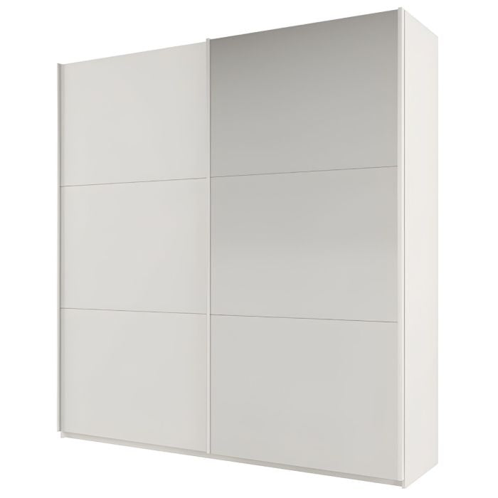Two-door sliding wardrobe in white with one full mirrored door and horizontal design lines.
